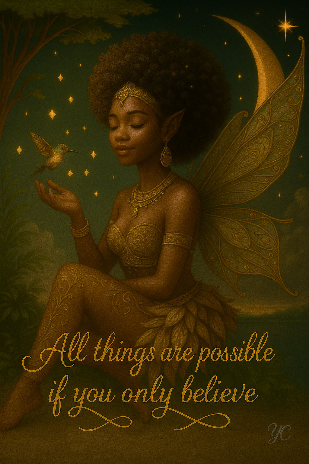 Golden Fairy and Hummingbird at Night