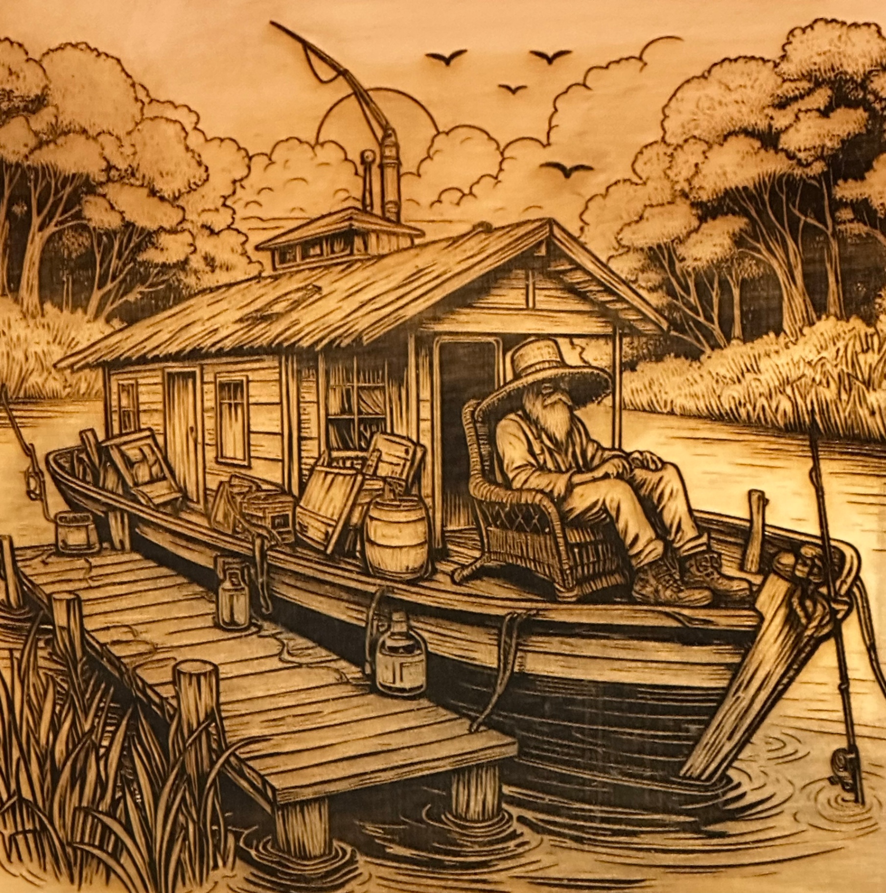 On The River (engraved on wood)